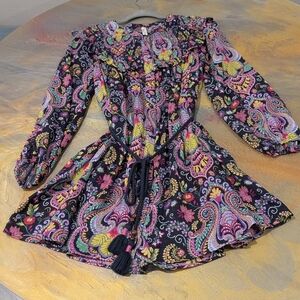 Anthropologie Bohemian Vibrant Bold Paisley Button Down Mini Dress Size XXS